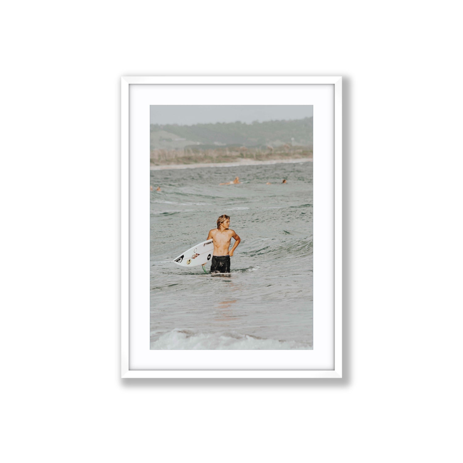 Chasing Mavericks Byron Bay Surf coastal wall art Large fine art print in white frame with matboard