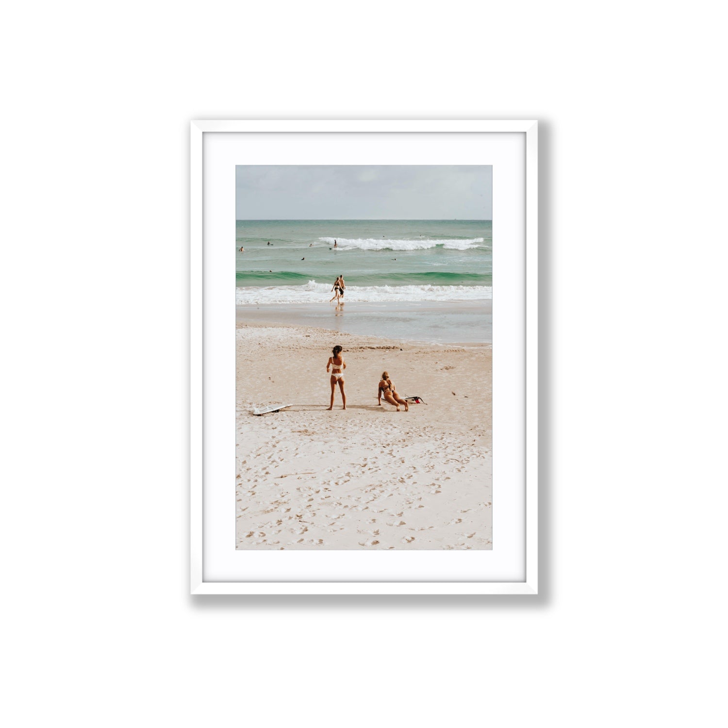 Gidget & Betty Byron Bay beach coastal wall art Large fine art print in white frame with matboard