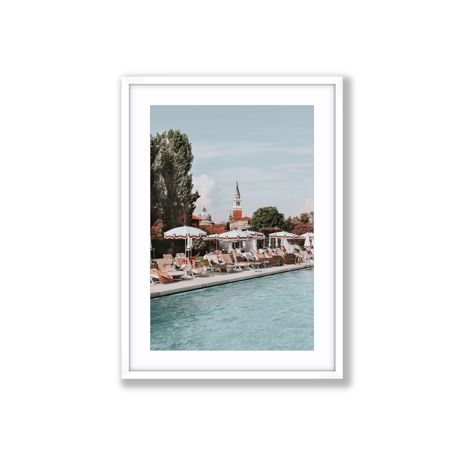 Poolside Perch Venice Italian wall art Large fine art print in white frame with matboard