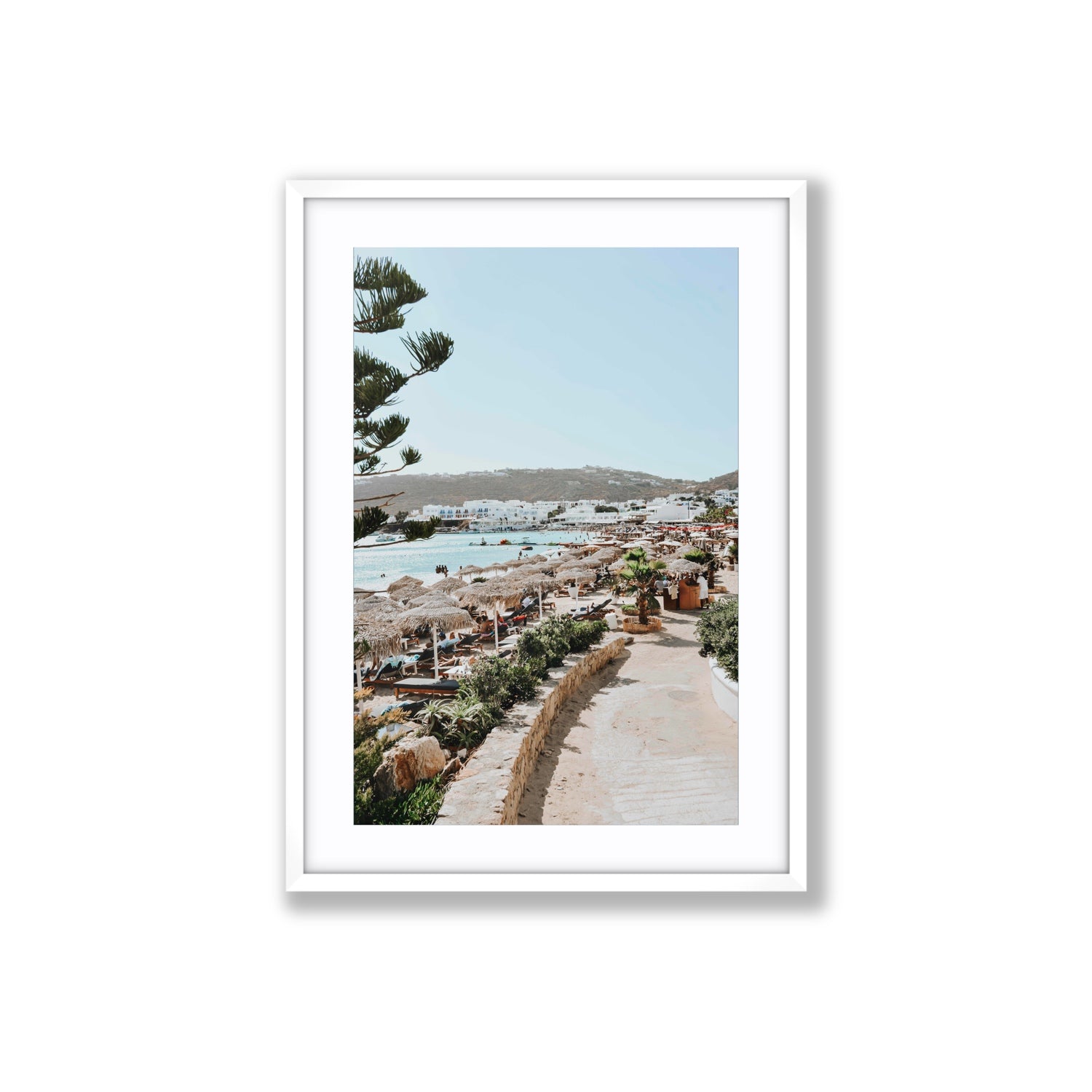 All Roads Lead To The Beach Mykonos Greek island wall art Large fine art print in white frame with matboard