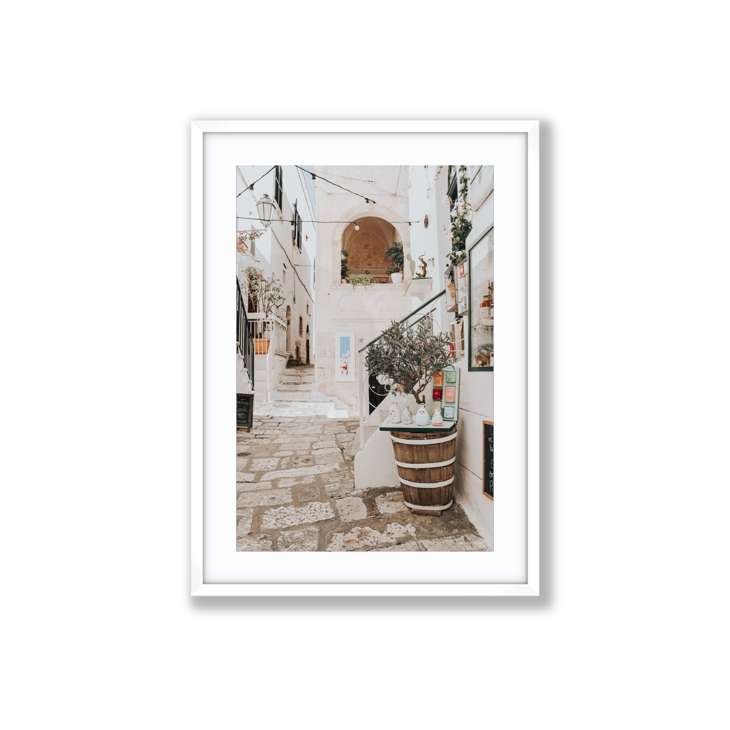 Olive Tree Lane Puglia Ostuni Mediterranean decor wall art Large fine art print in white frame with matboard