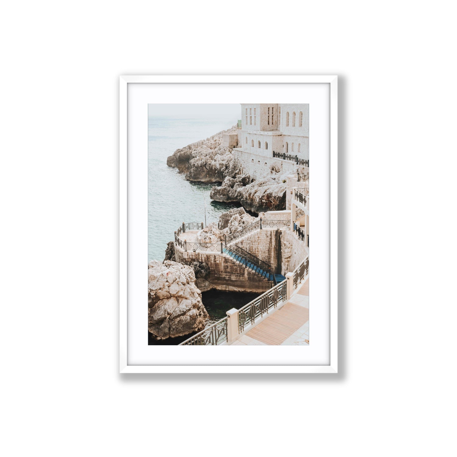 Wellness Centre Puglia coastal wall art Large fine art print in white frame with matboard