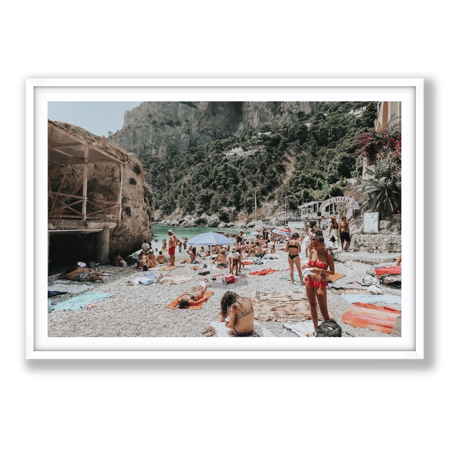 Spiaggia Da Gioia Capri beach coastal wall art Statement fine art print in white frame with matboard