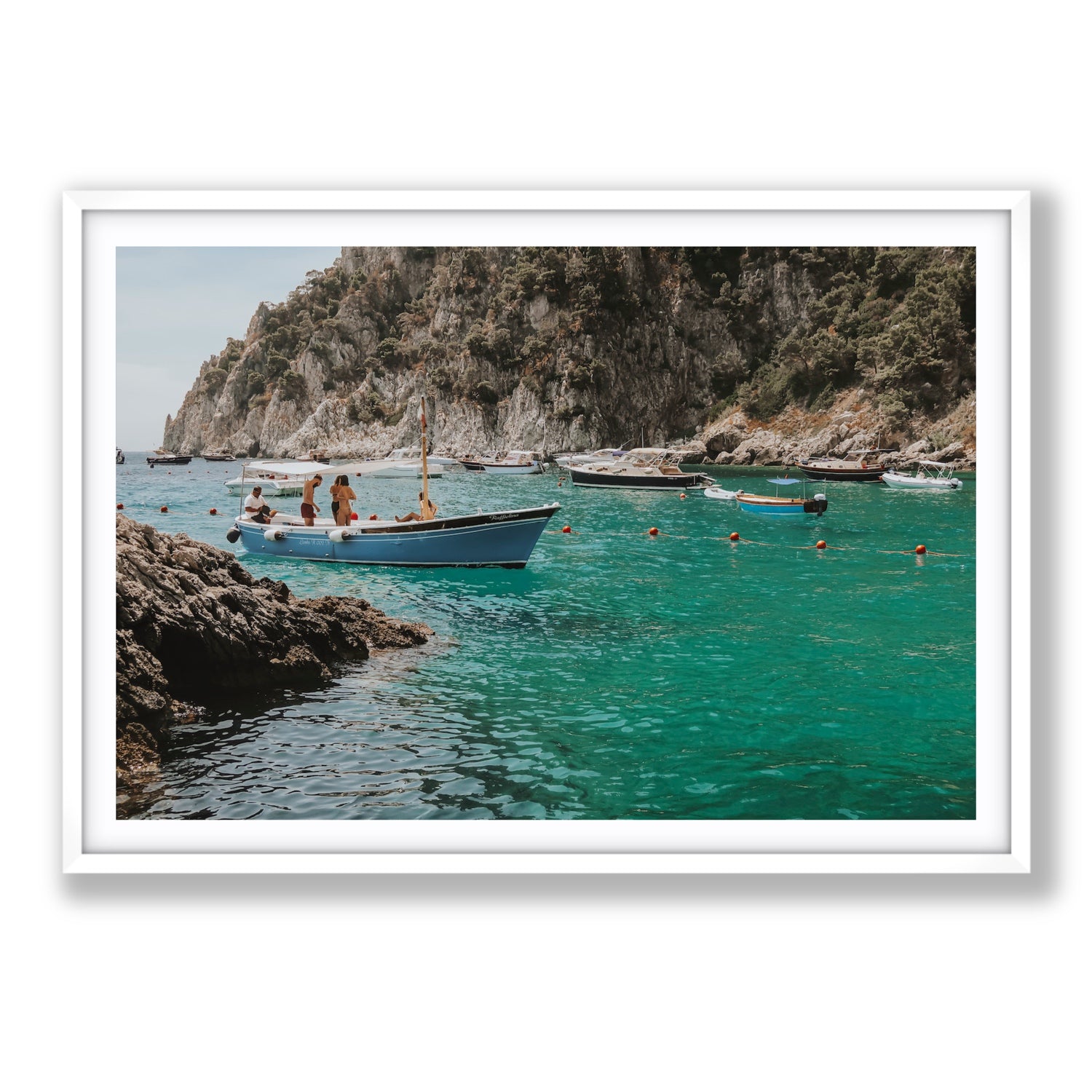 Cozy Cove Capri coastal Mediterranean wall art Statement fine art print in white frame with matboard