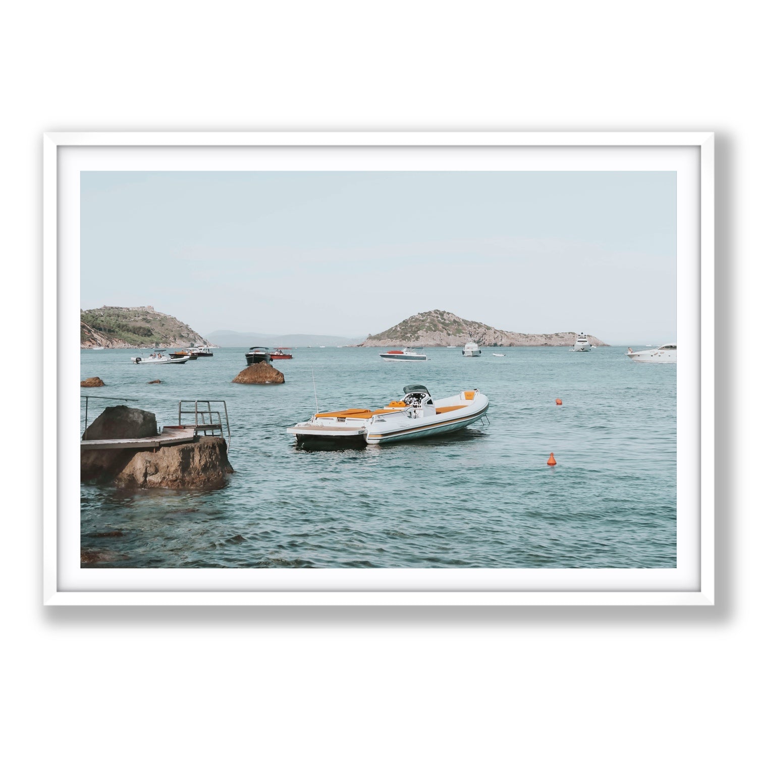 The Azure Sea Tuscany coastal Italian wall art Statement fine art print in white frame with matboard