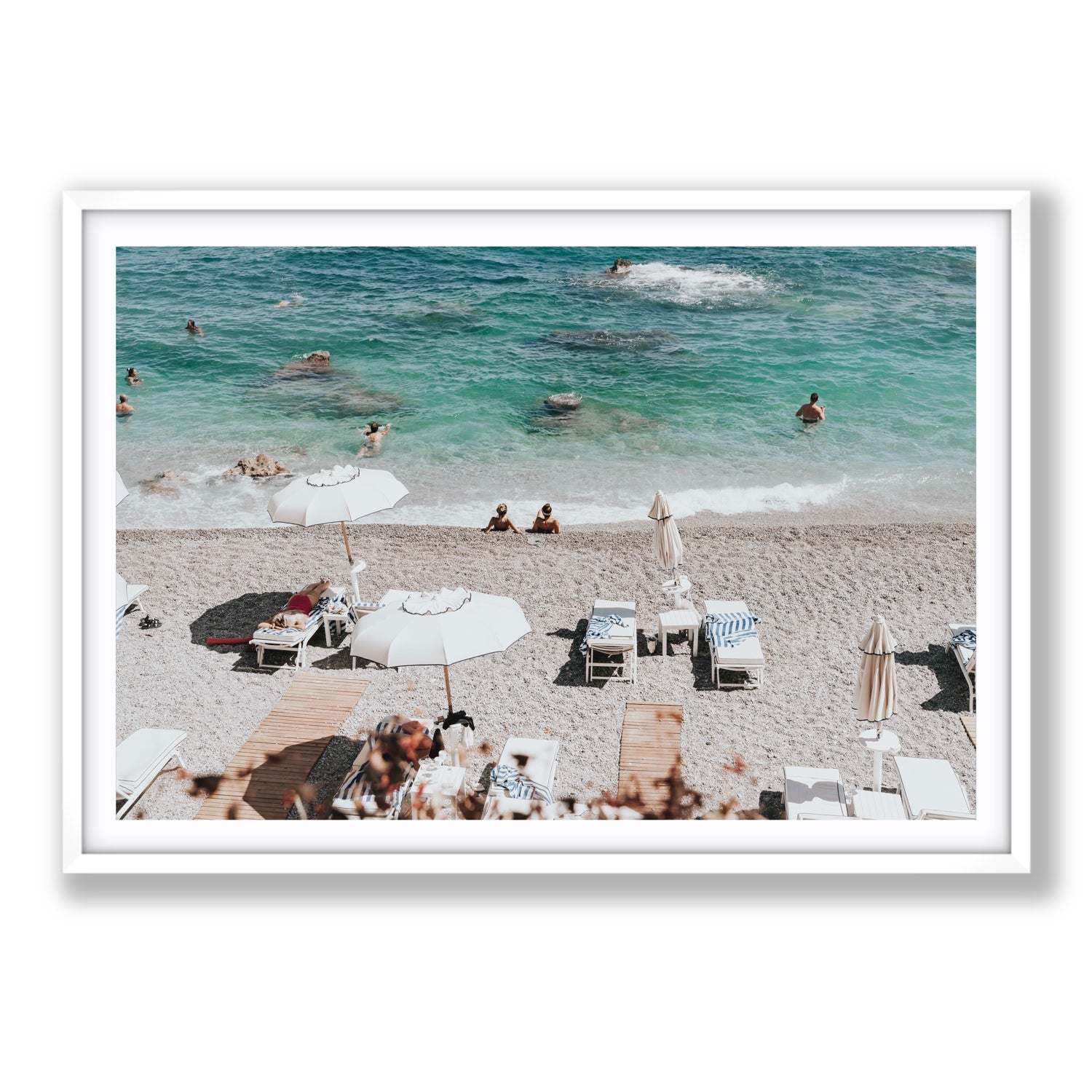 Amicizia Amalfi Italian beach wall art Statement fine art print in white frame with matboard