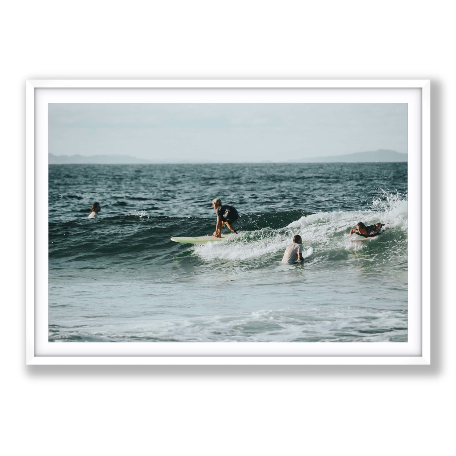 The Boys of Summer Byron Bay Surf coastal wall art Statement fine art print in white frame with matboard
