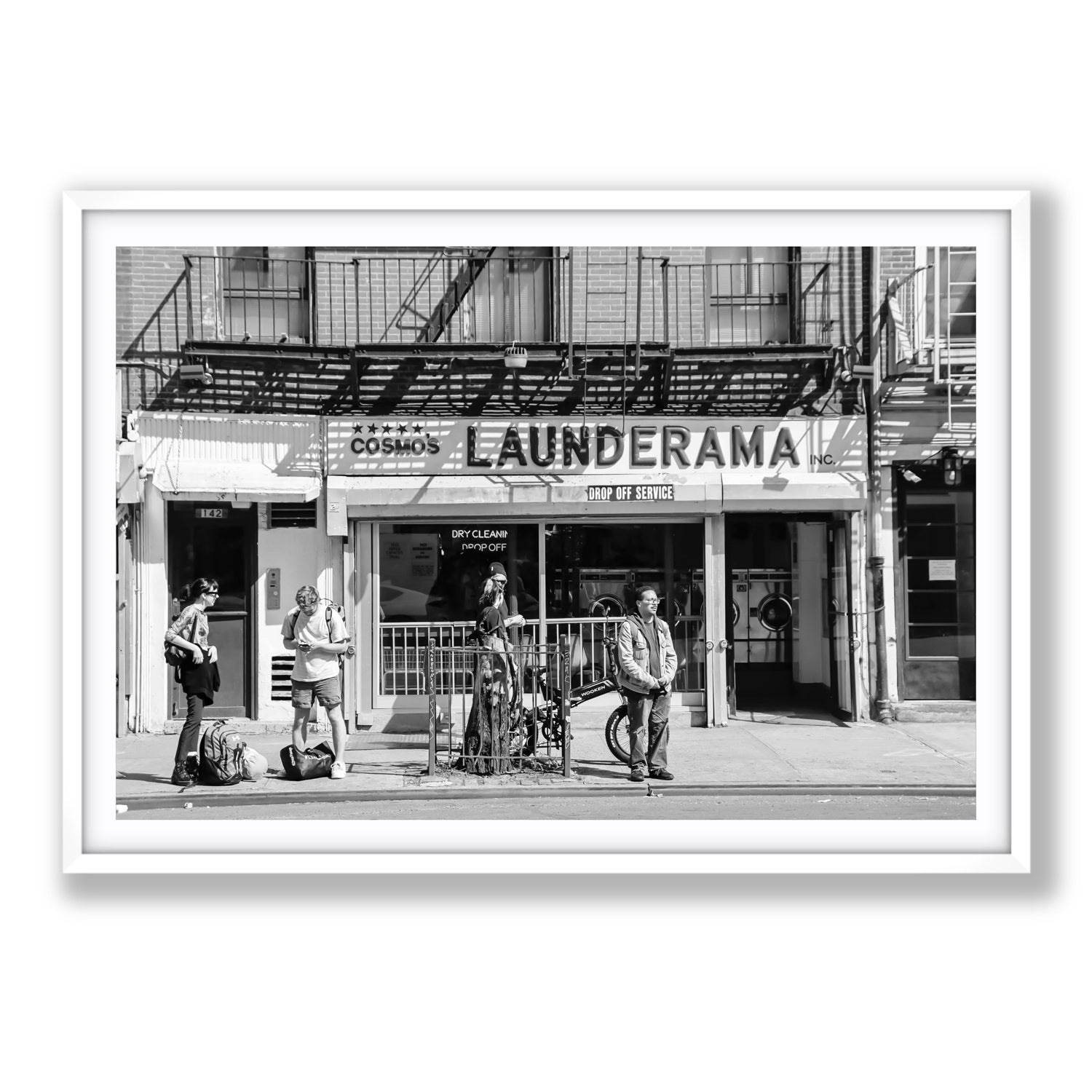 Launderama New York NYC Black & White wall art Statement fine art print in white frame with matboard