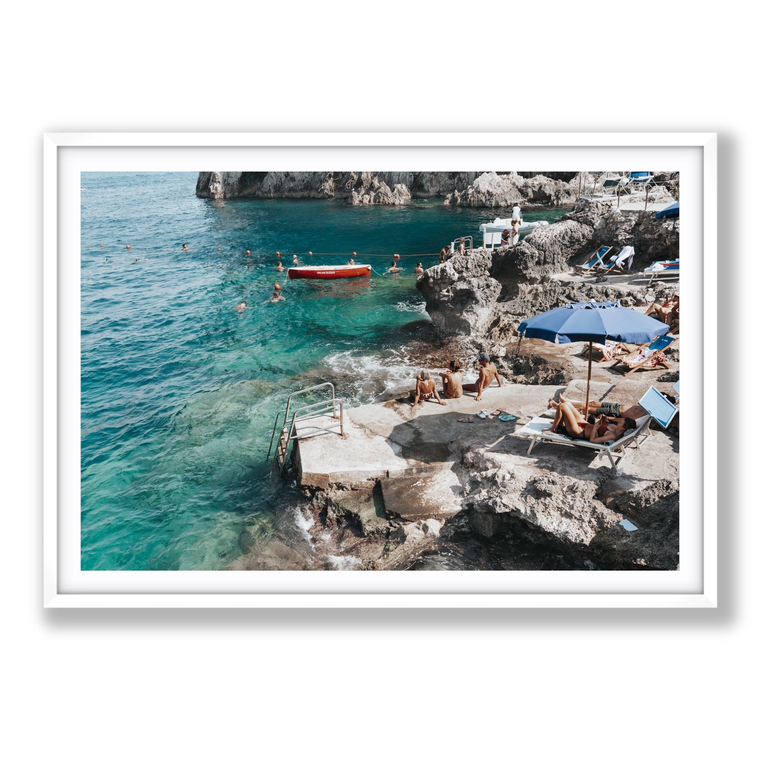 Serenity By The Sea Capri Mediterranean wall art Statement fine art print in white frame with matboard