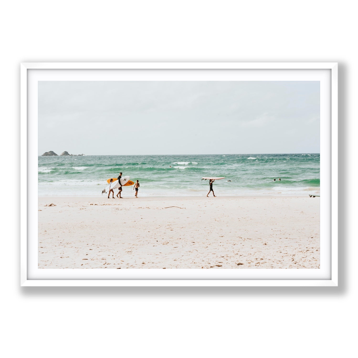 La Famiglia Byron Bay Family Surf coastal wall art Statement fine art print in white frame with matboard