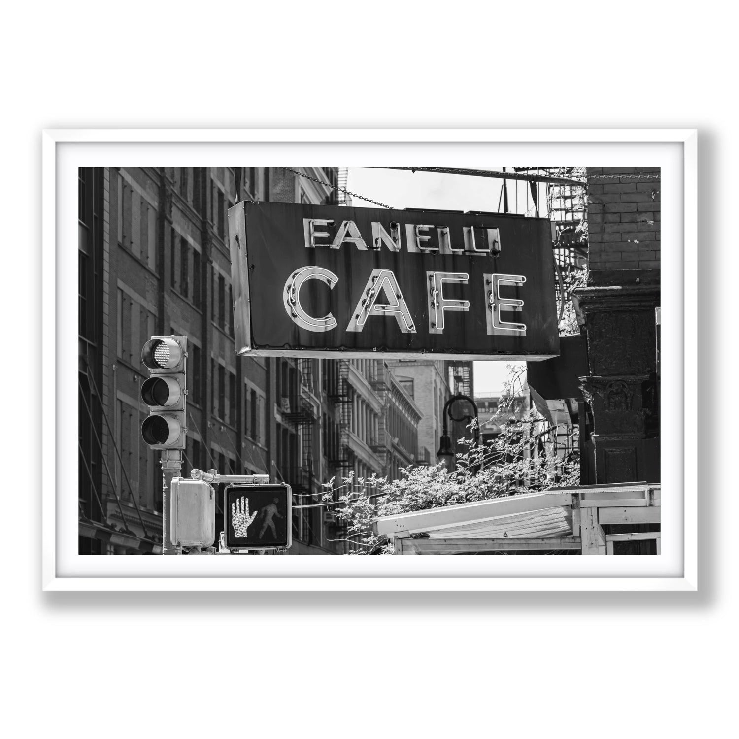 Soho Neon New York NYC Black & White wall art Statement fine art print in white frame with matboard