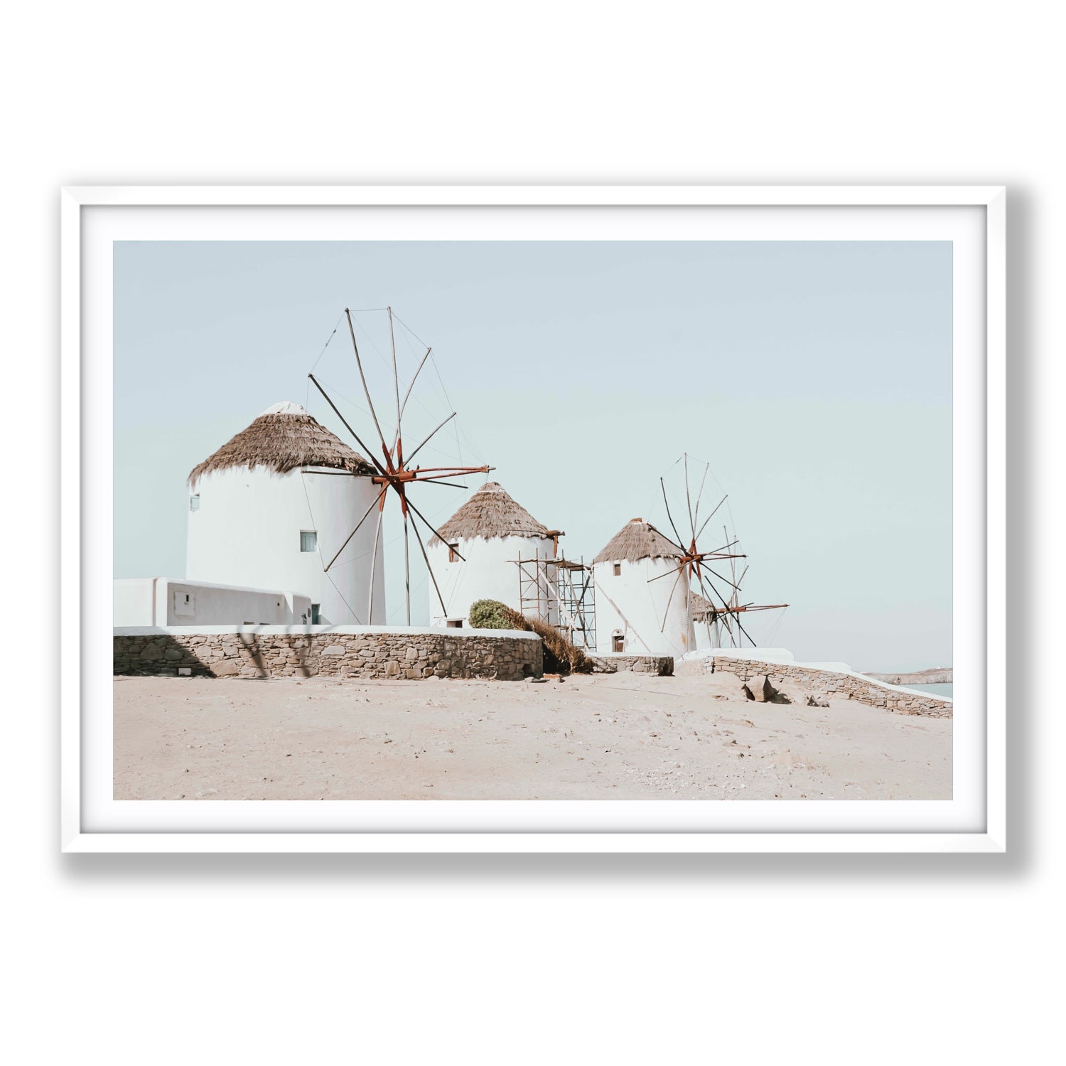 Rustic Icons Mykonos Greek island wall art Statement fine art print in white frame with matboard