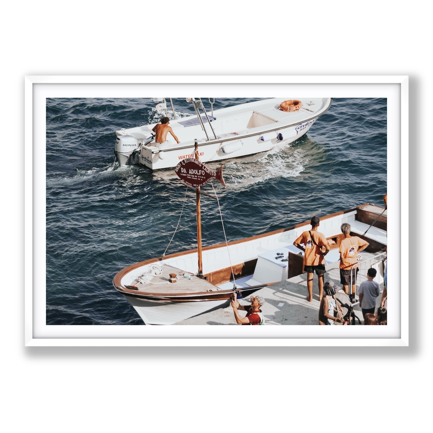 Water Taxi Positano wall art Statement fine art print in white frame with matboard