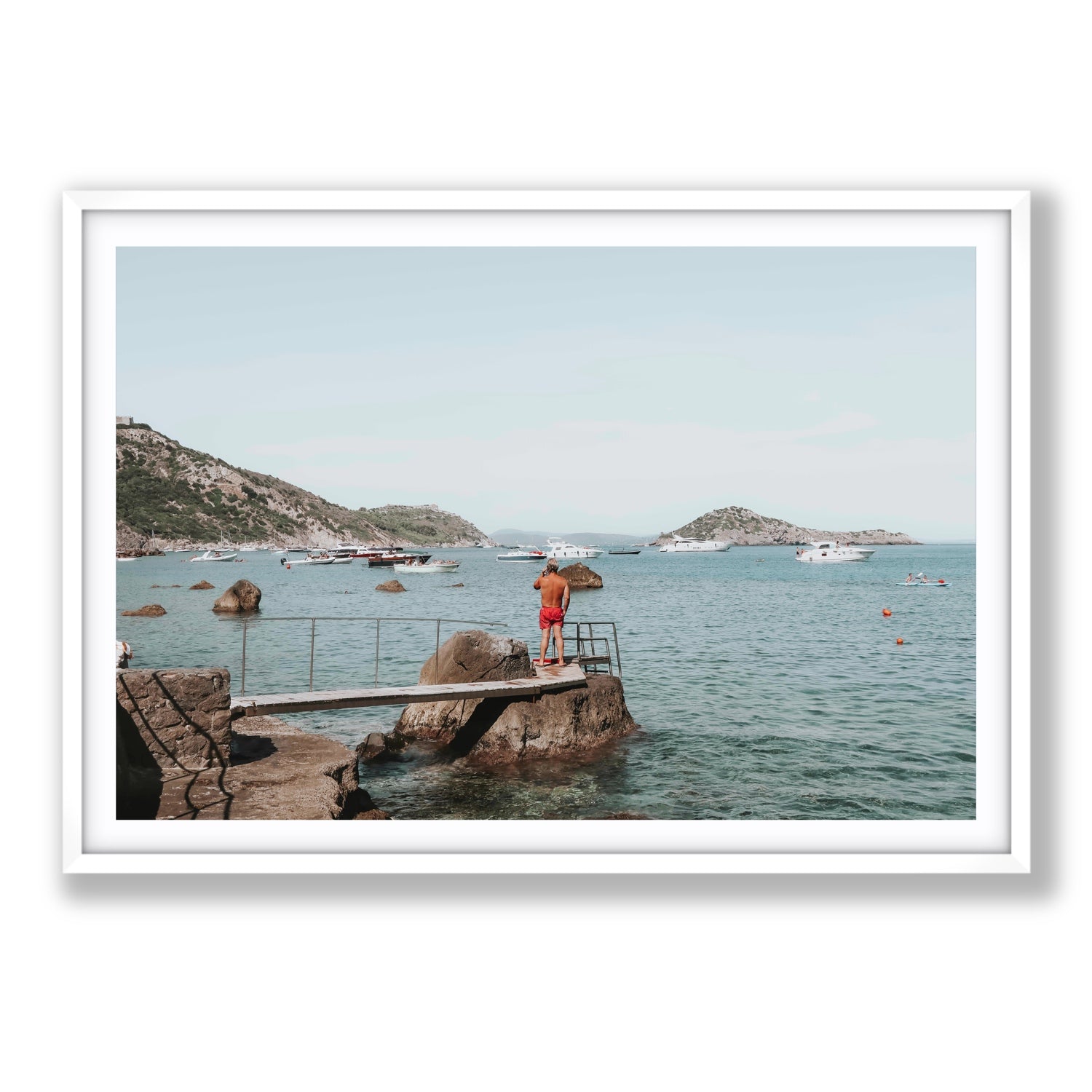 Out Of Office Tuscany coastal Italian wall art Statement fine art print in white frame with matboard