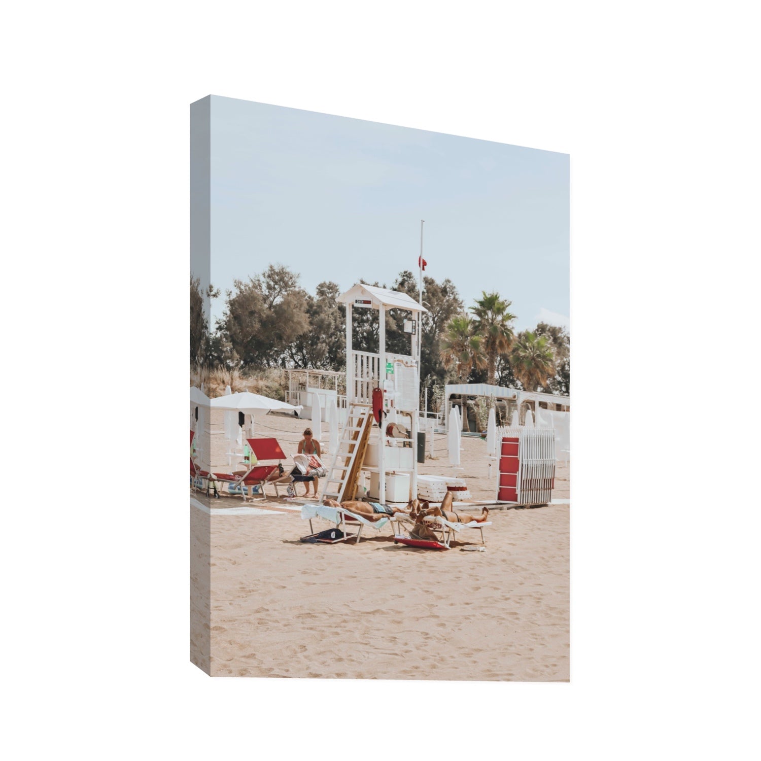 Red Lounge Reverie Puglia beach coastal wall art Statement stretched canvas print