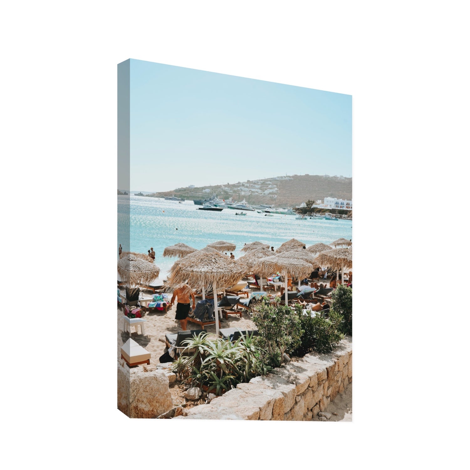 Beachside Huts Mykonos Greek island wall art Statement stretched canvas print