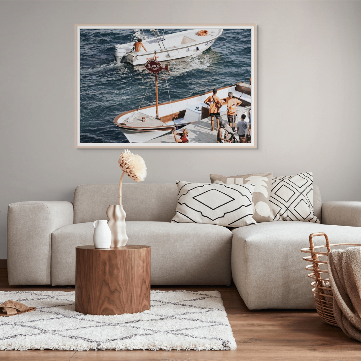 Water Taxi Positano wall art framed print styled in a room view 2