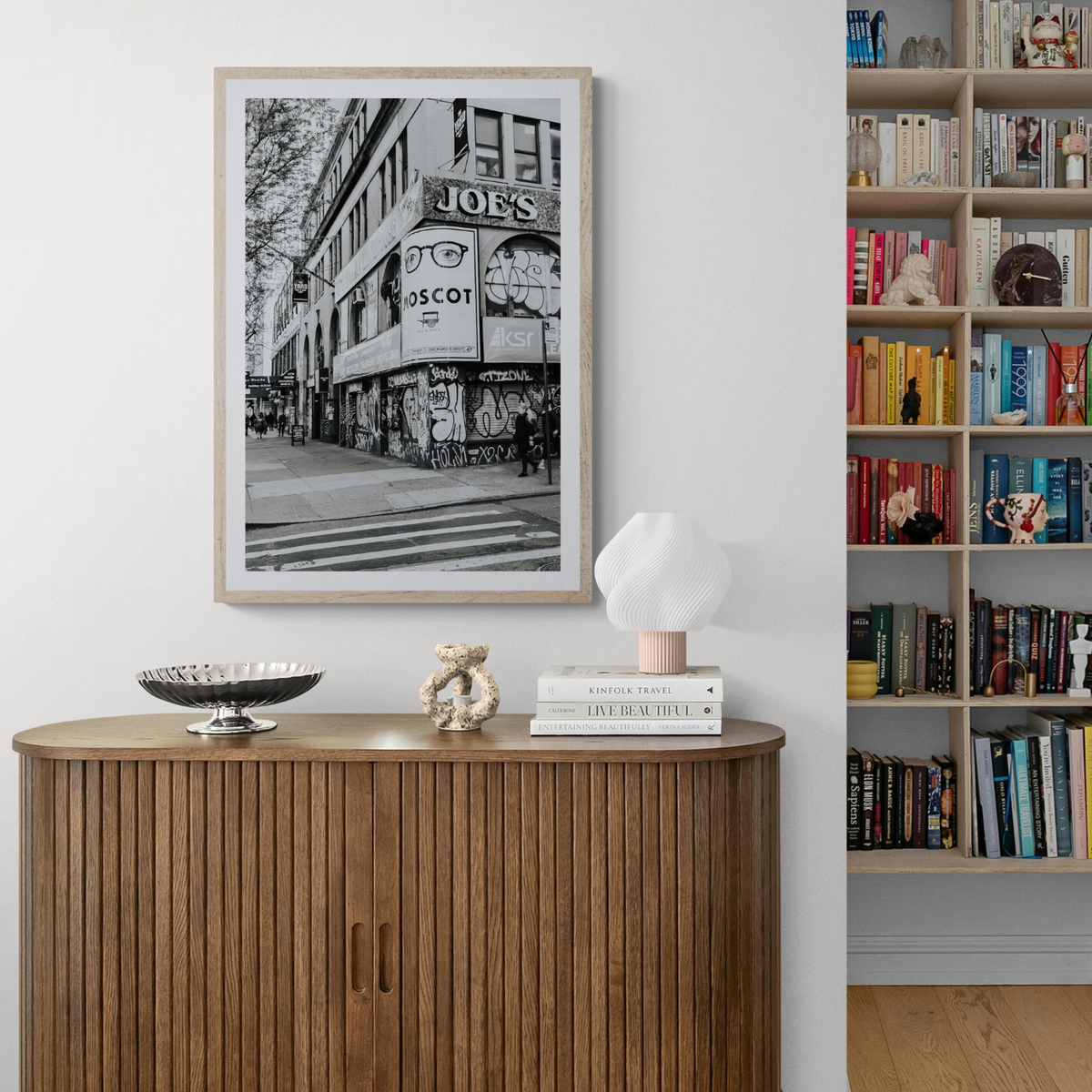 Lower East Side Murals New York NYC Black & White wall art framed print styled in a room