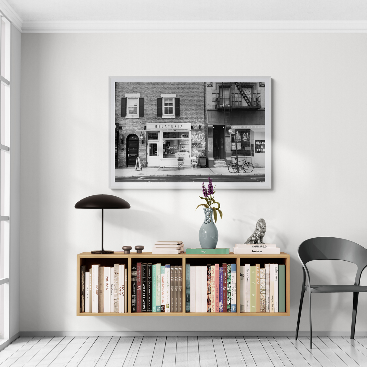 West Village Dolcezza New York NYC Black & White wall art framed print styled in a room view 2