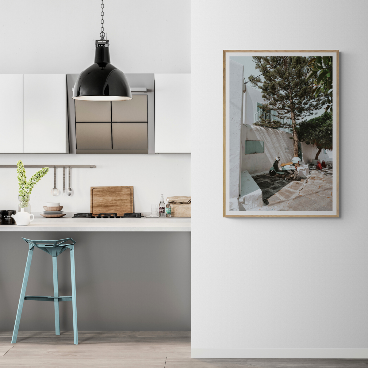The Getaway Mykonos Mediterranean Greek island art print framed print styled in a room