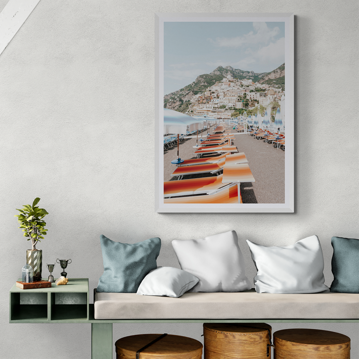 A Symphony of Colours Positano wall art framed print styled in a room
