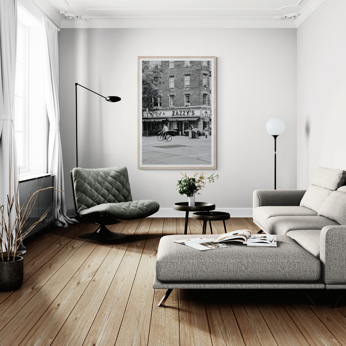 Zazzy's New York NYC Black & White wall art framed print styled in a room