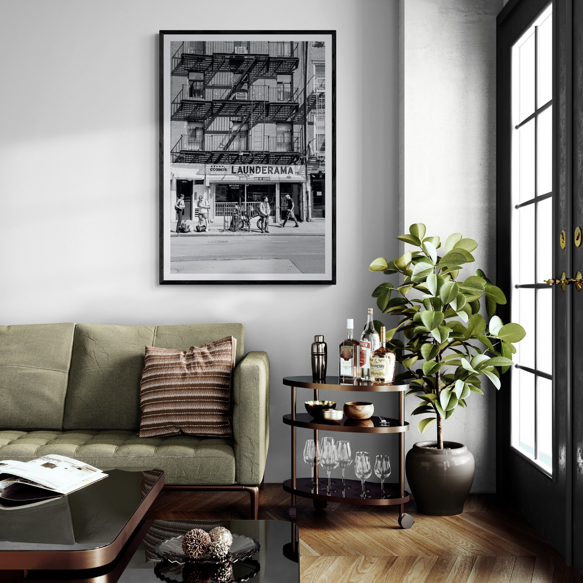 Bus Stop New York NYC Black & White wall art framed print styled in a room