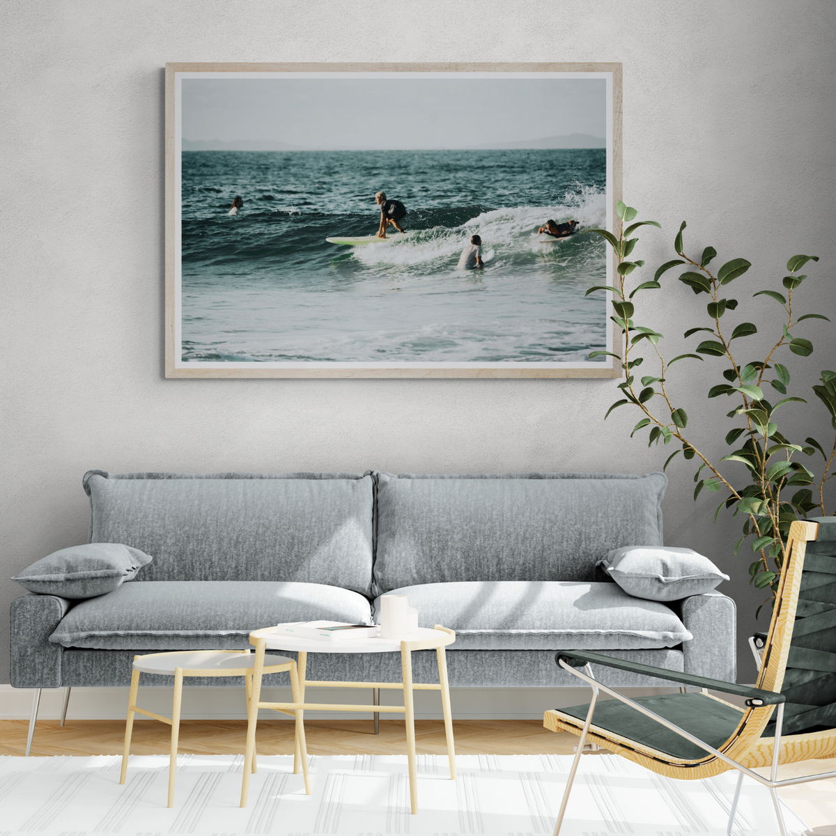 The Boys of Summer Byron Bay Surf coastal wall art framed print styled in a room