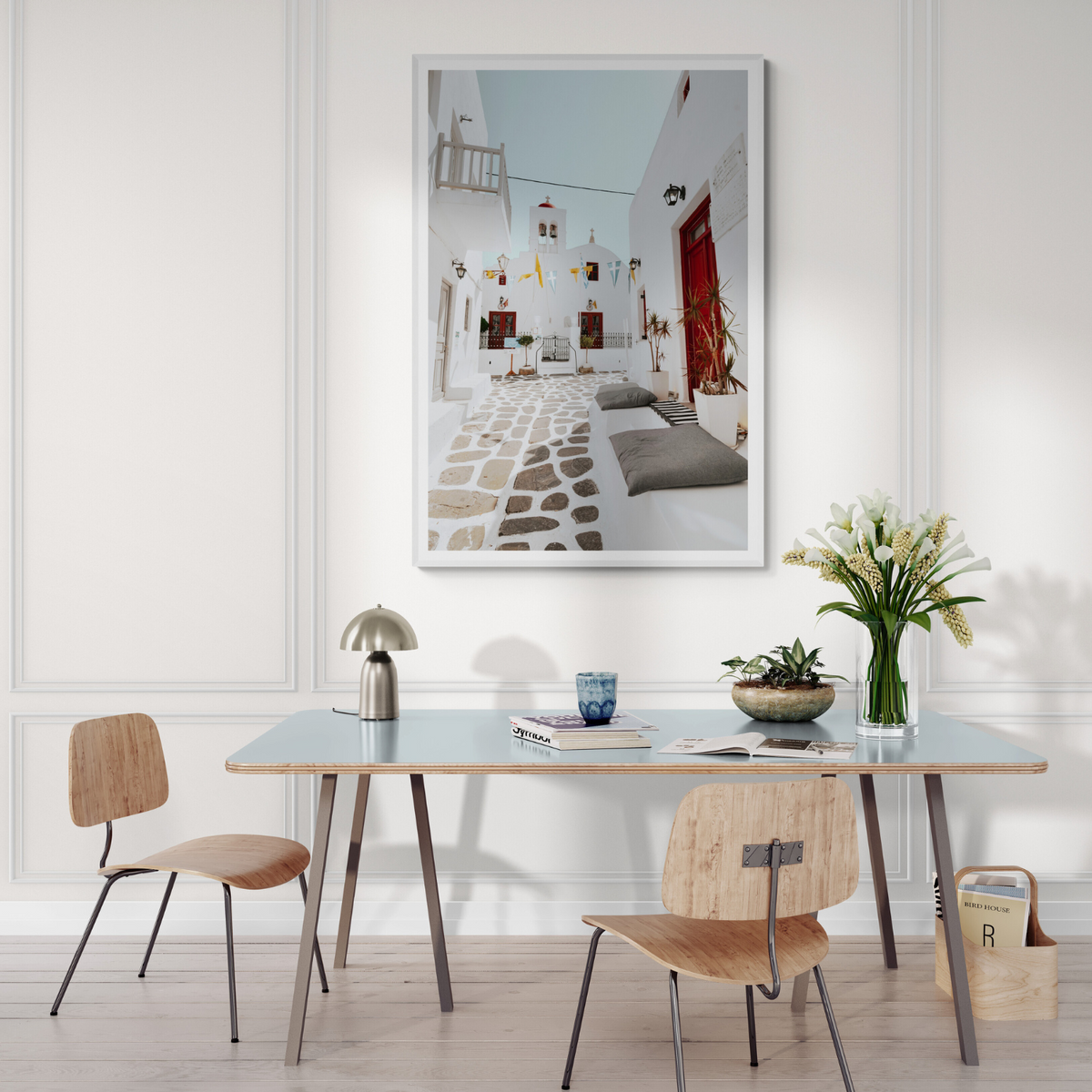 Cycladic Charm Mykonos Greek island wall art framed print styled in a room
