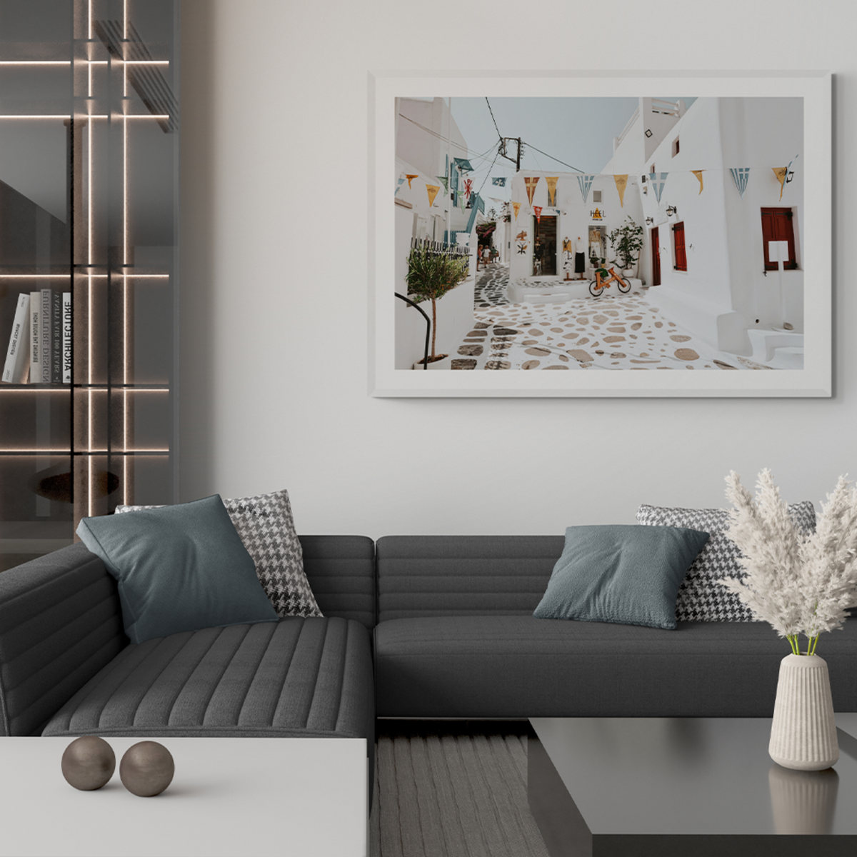 Cruising The Streets Mykonos Greek island wall art framed print styled in a room