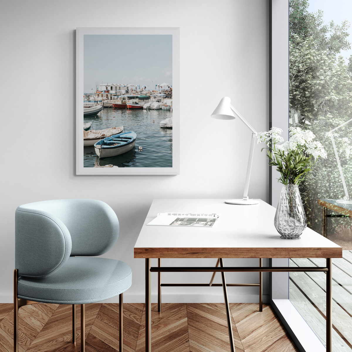 Harbour Hues Sorrento coastal Carousel wall art framed print styled in a room view 2