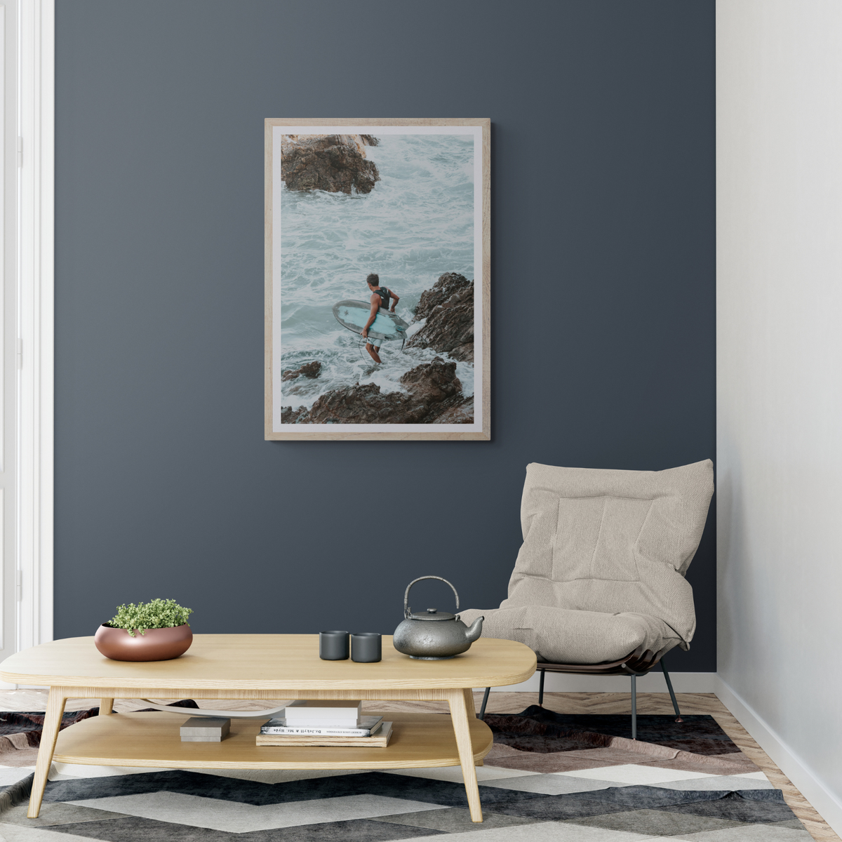 Into The Soup Byron Bay Surf coastal wall art framed print styled in a room view 3