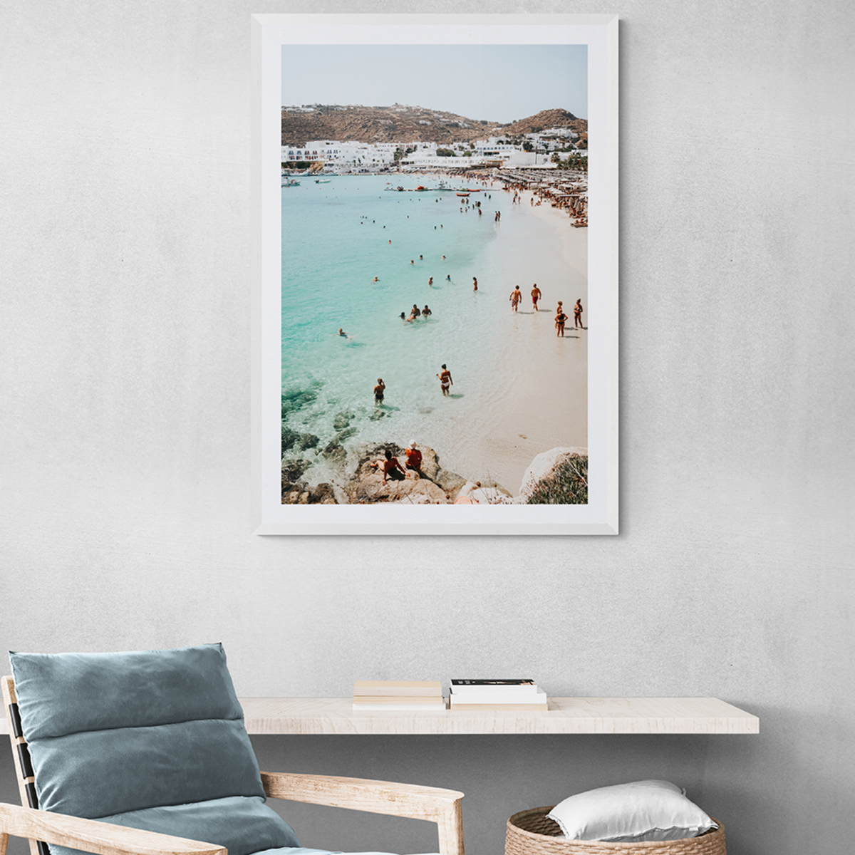 Breathe In The Salty Air Mykonos Greek island wall art framed print styled in a room