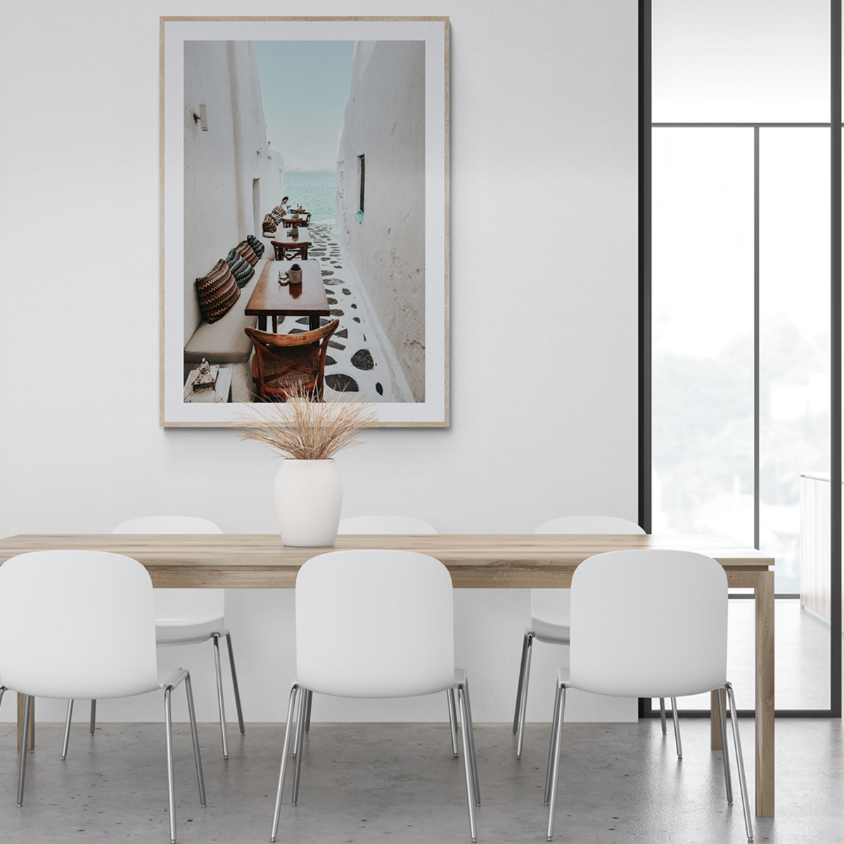 Trip Down Memory Lane Mykonos Greek island wall art framed print styled in a room