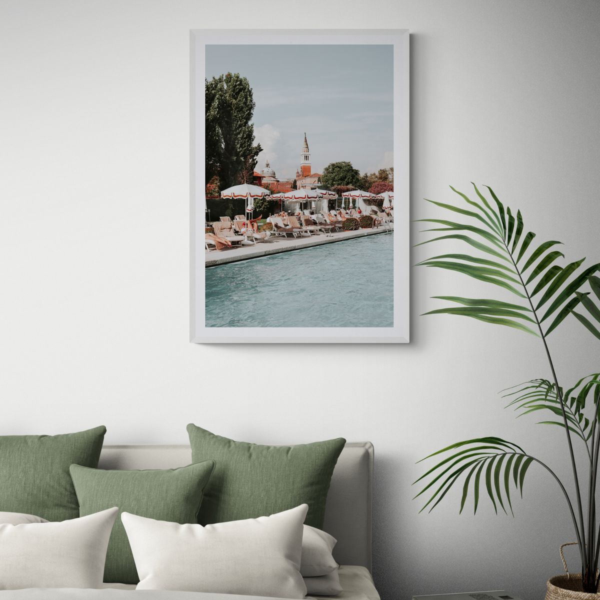 Poolside Perch Venice Italian wall art framed print styled in a room