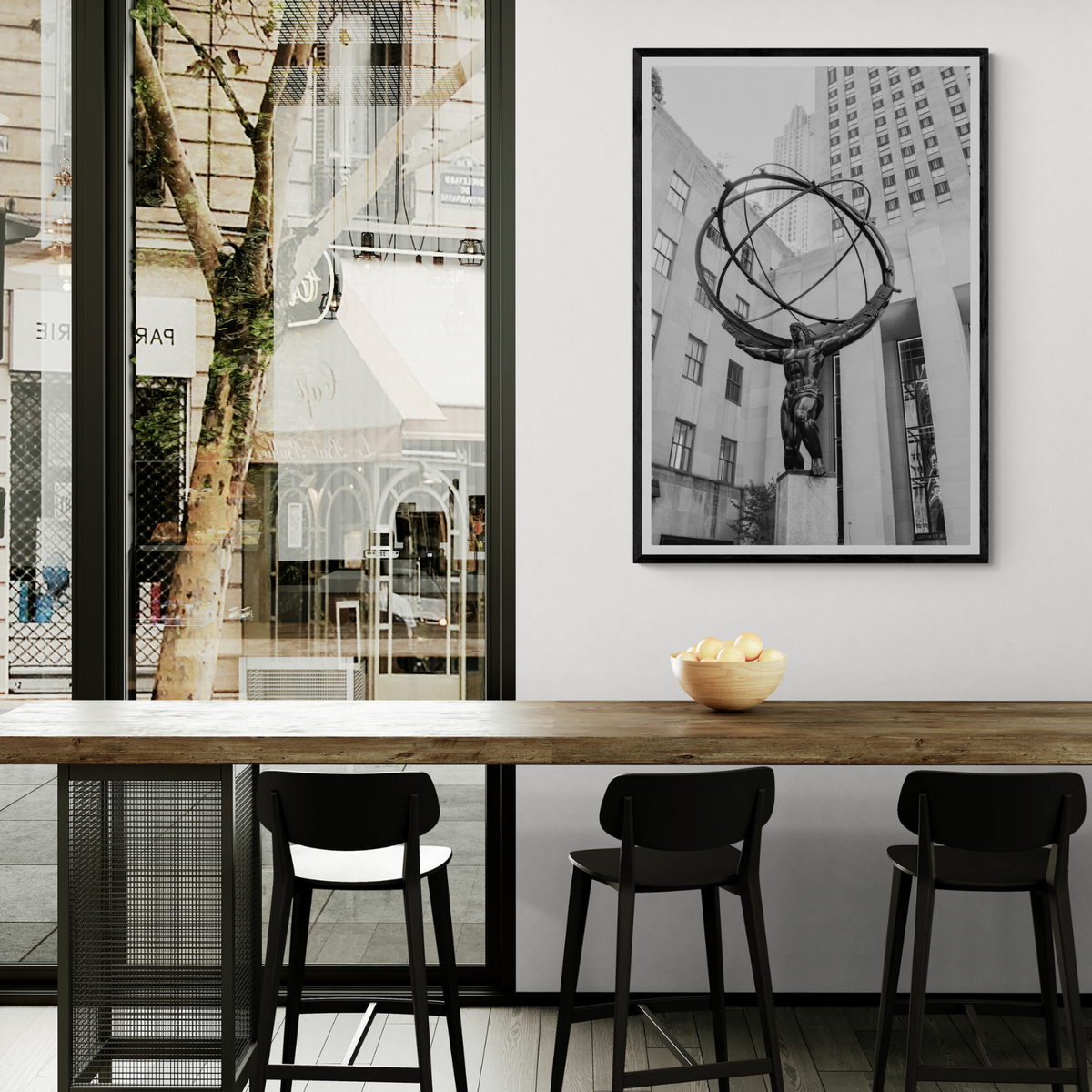 Atlas Ascends New York NYC Black & White wall art framed print styled in a room view 3