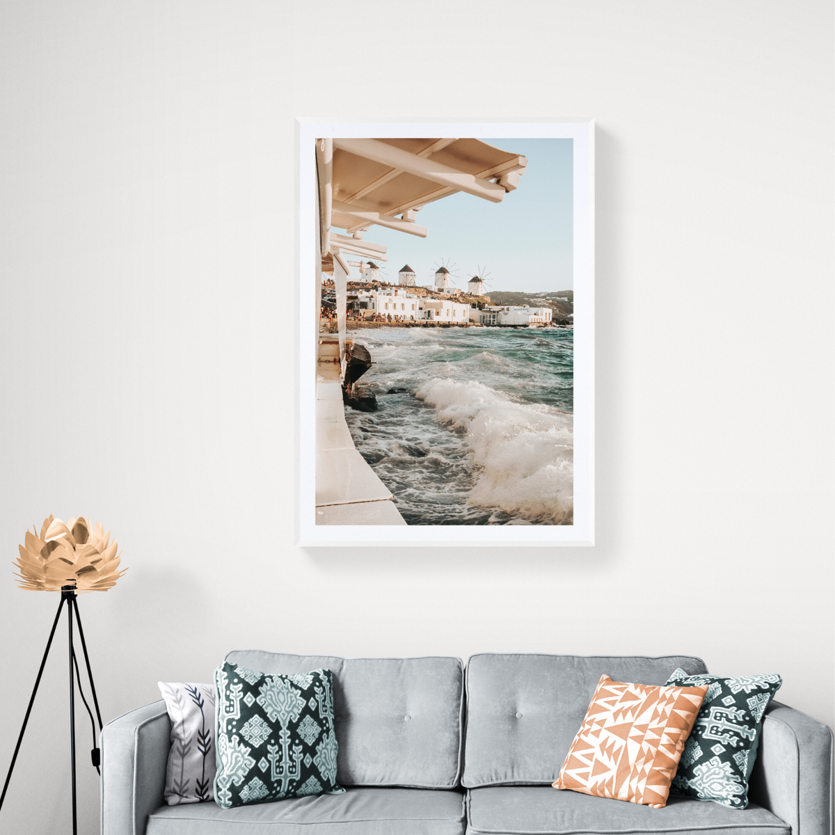 Windmills Mykonos Greek island wall art framed print styled in a room view 3