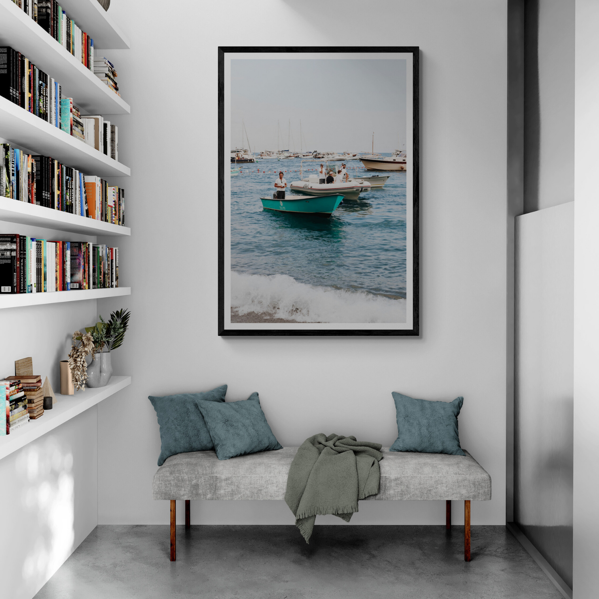Twilight Tenders Positano wall art framed print styled in a room view 3