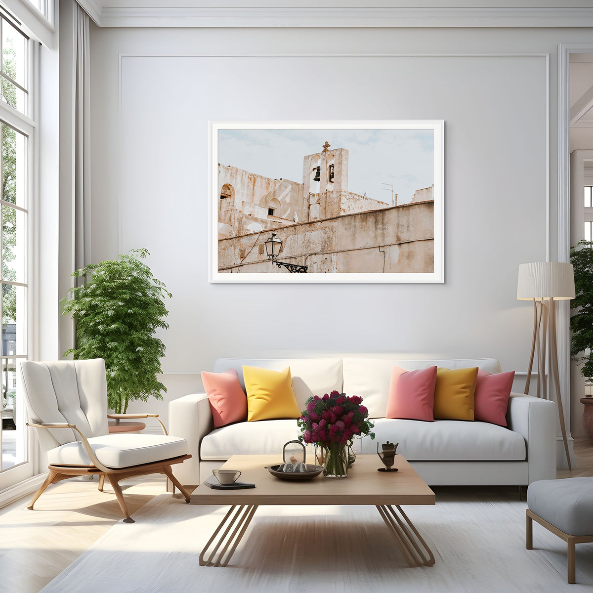 Ancient Bells Puglia Gallipoli Italian wall art white framed print styled in a room