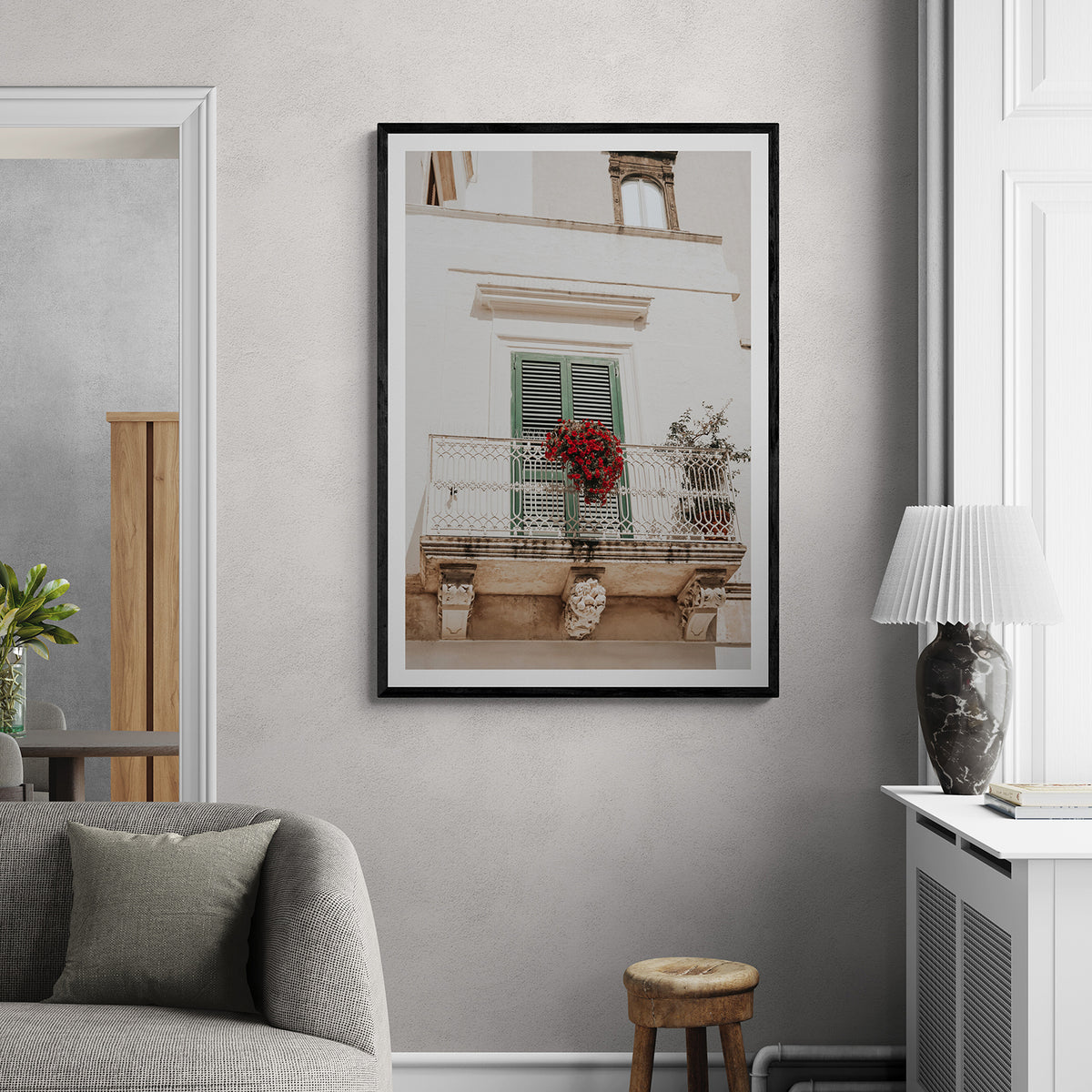 Balcone Estivo Puglia Italian wall art black framed print styled in a room