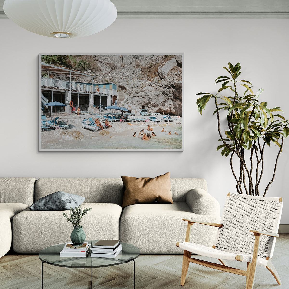 Beachside Bronze Capri Italian coastal wall art white framed print styled in a room