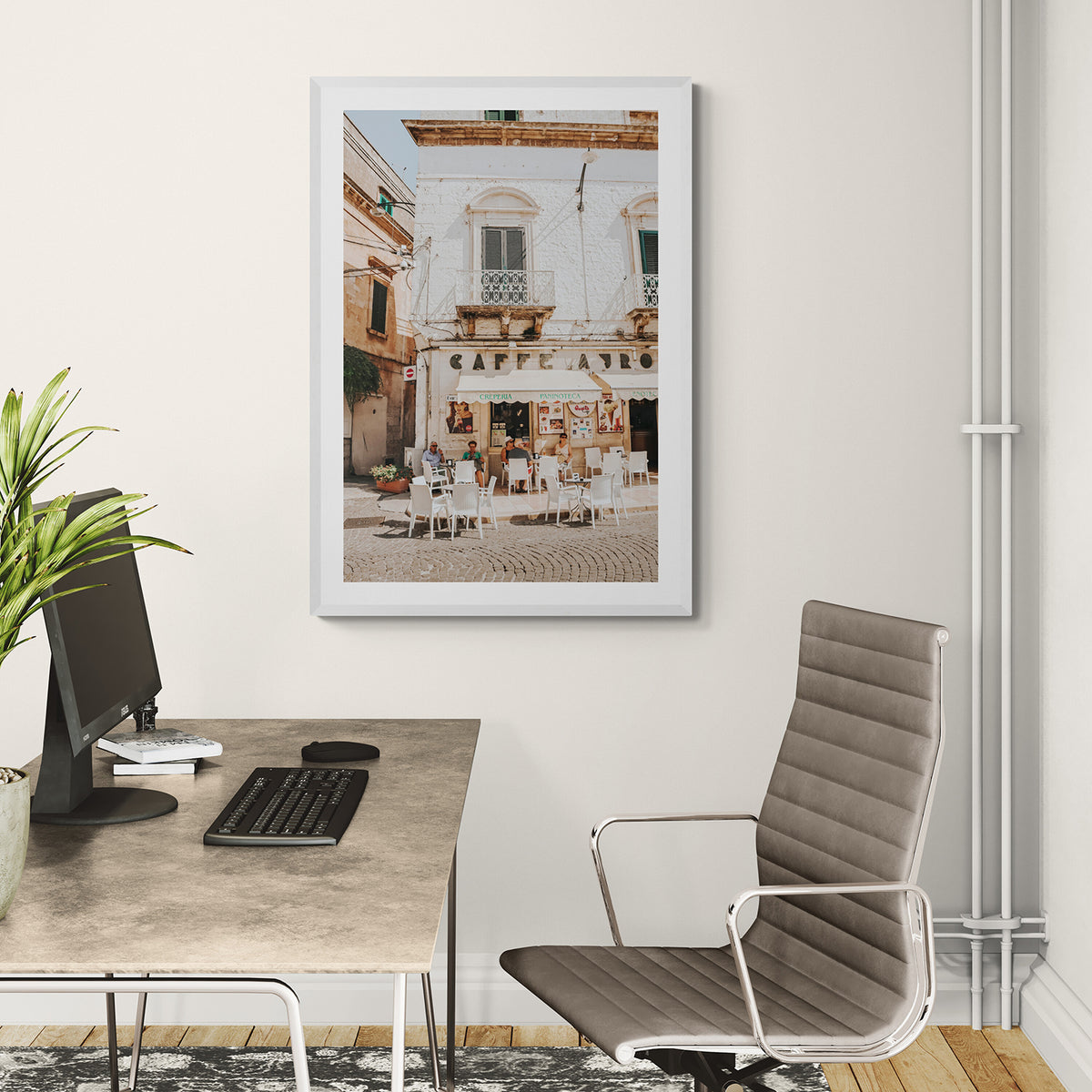 Cafe Ostuni Puglia Café Ostuni Italian wall art white framed print styled in a room