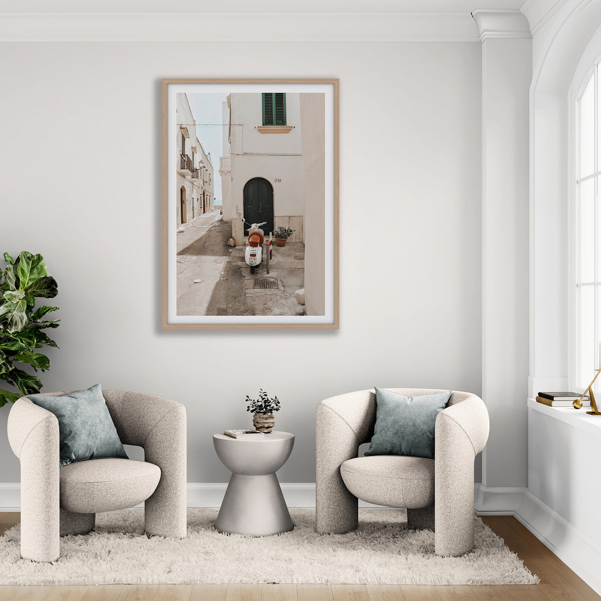La Casa 42 Puglia Gallipoli Italian wall art natural oak framed print styled in a room