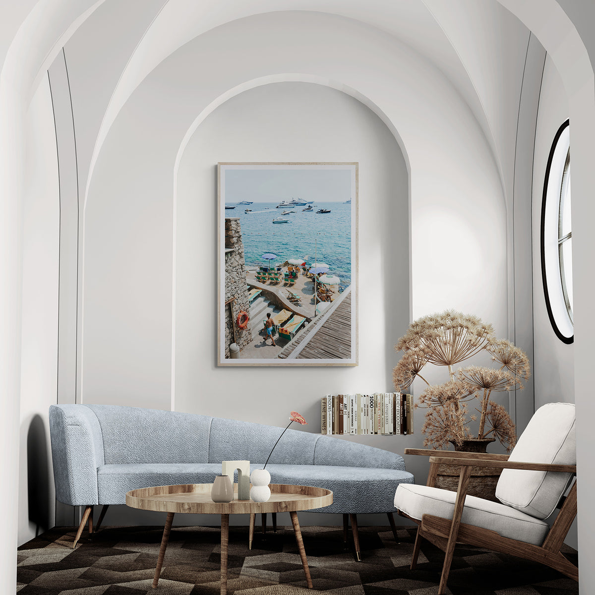 Canzone di Capri Capri Italian beach wall art natural oak framed print styled in a room