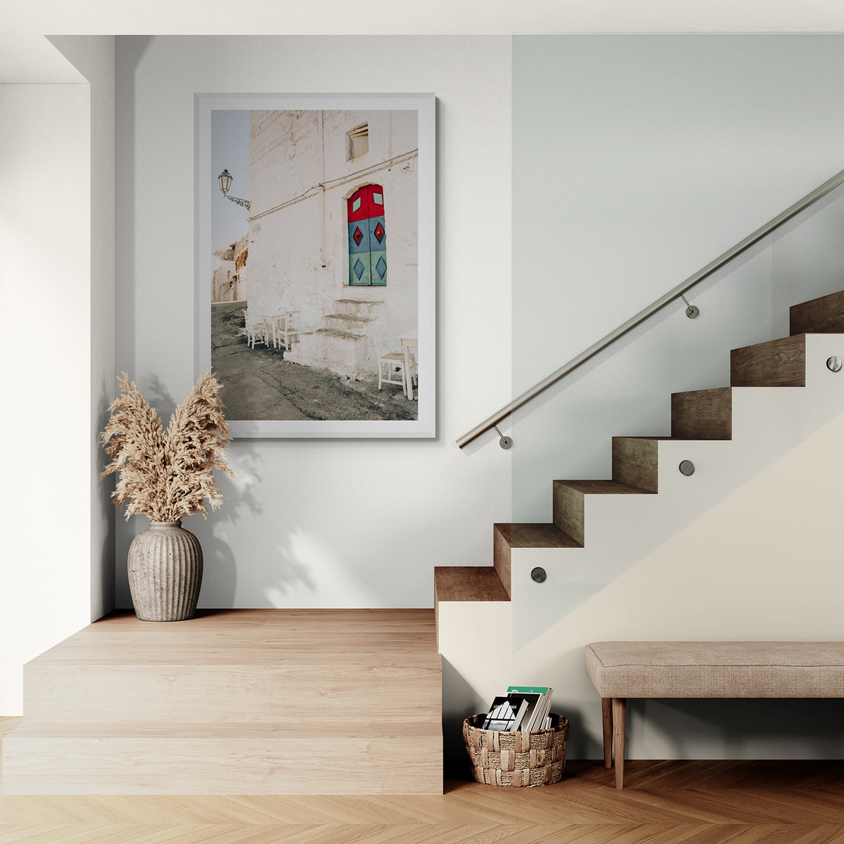 Doorway Delight Puglia Ostuni wall art white framed print styled in a room