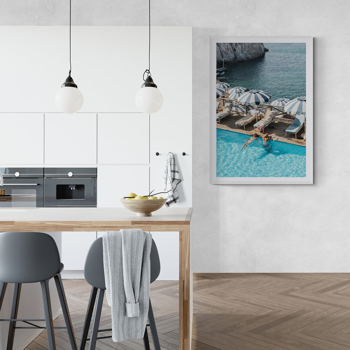 I'm Busy Ischia Italian coastal Mediterranean wall art white framed print styled in a room
