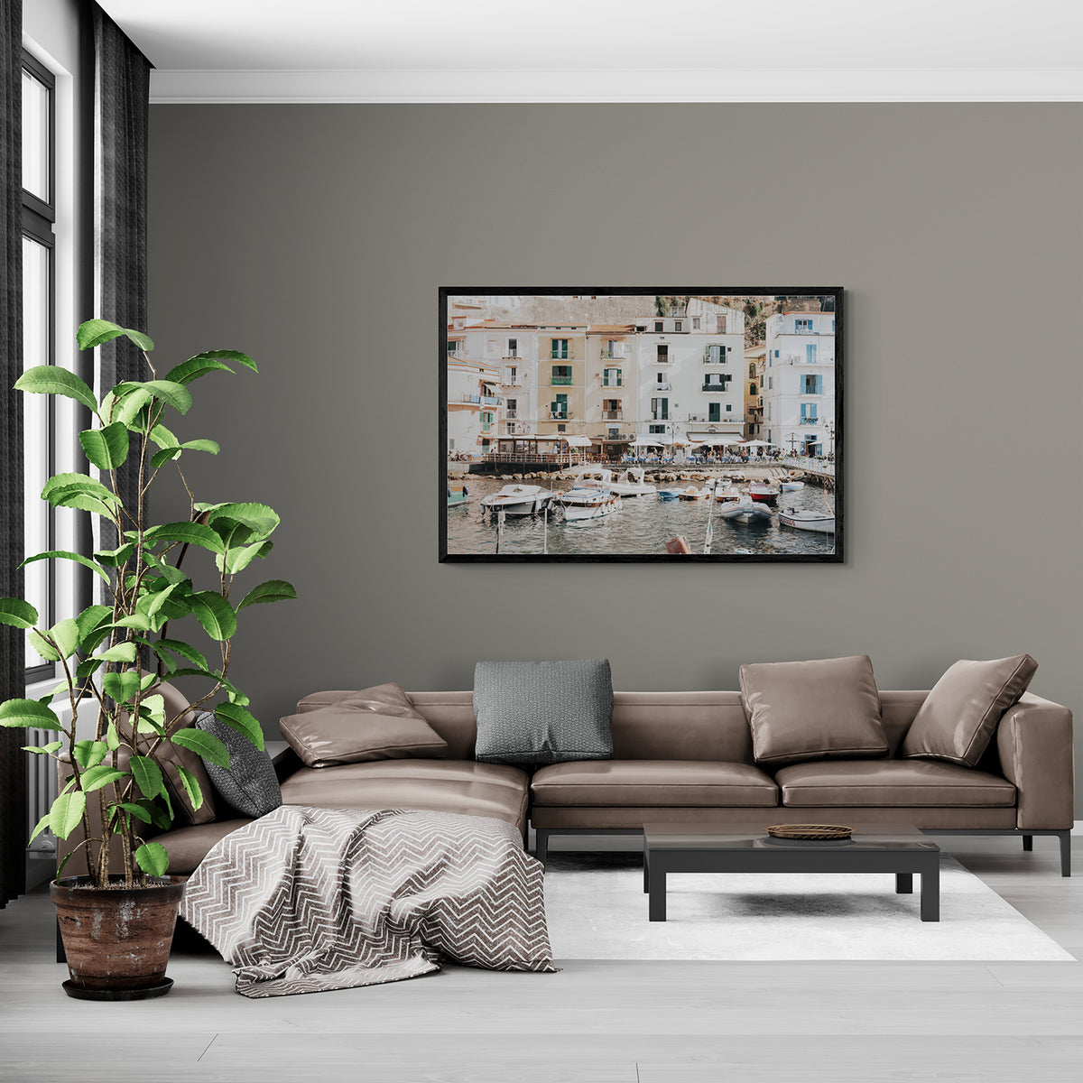 L'Insenatura Sorrento coastal Italian wall art black framed print styled in a room