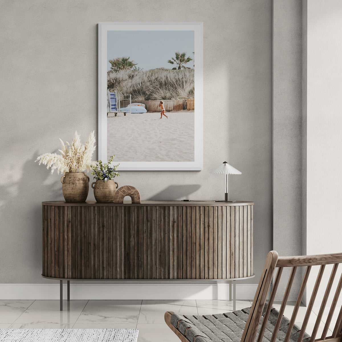 Little Explorer Puglia beach coastal wall art white framed print styled in a room