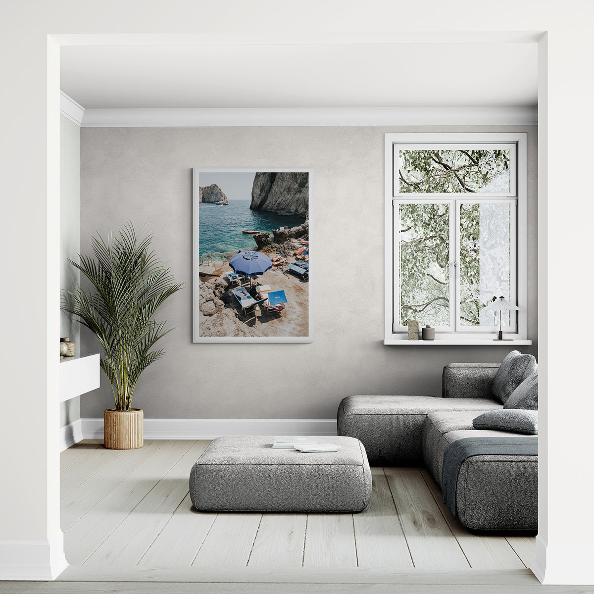 Lonely Loungers Capri coastal wall art white framed print styled in a room