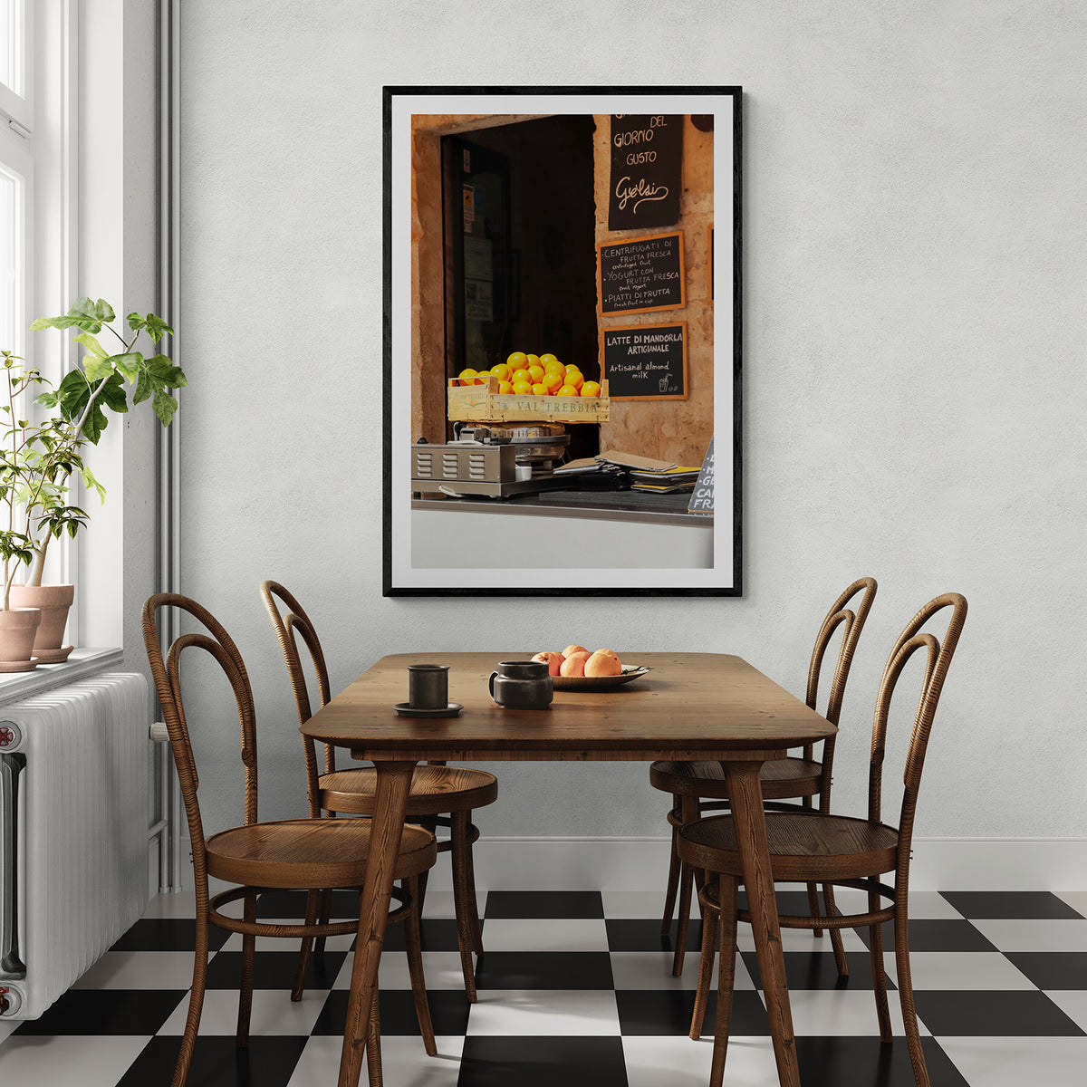 Luminous Citrus Puglia Ostuni Italian wall art black framed print styled in a room